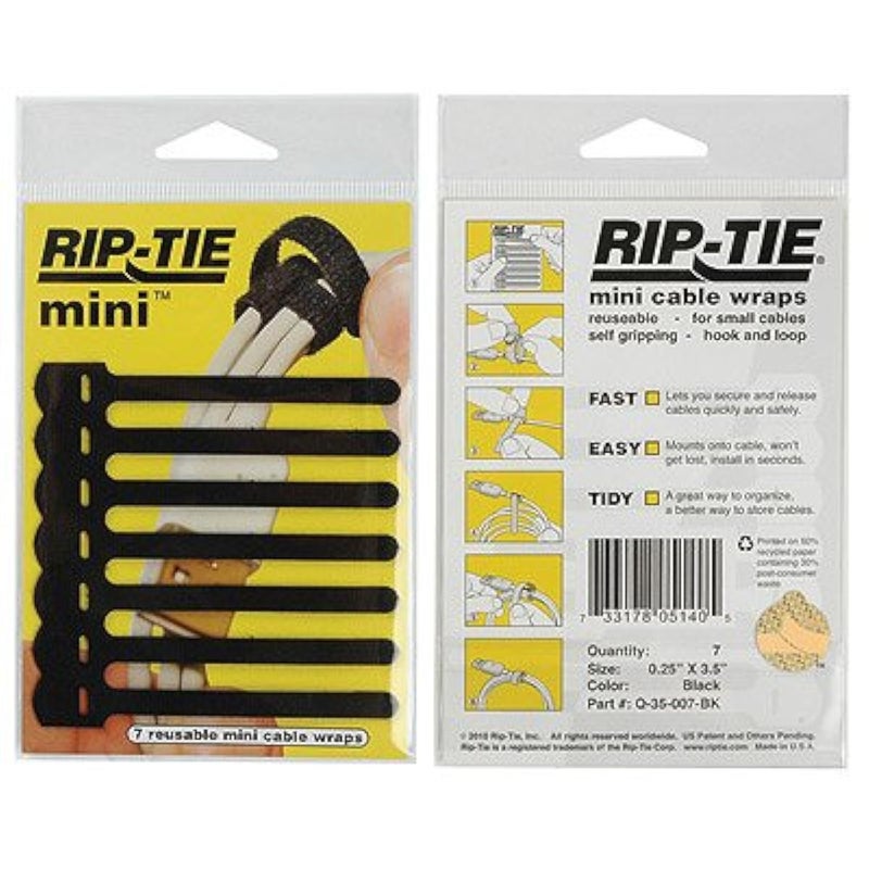 RIP-TIE Mini 1 /4" x 3-1/2" Cable Tie Perfect for USB Cable, Earbud Cords, Cell Phone Cord 7 Pack Black - Image 3